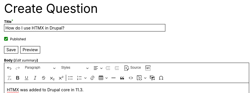 Published checkbox and save/preview buttons appear above body