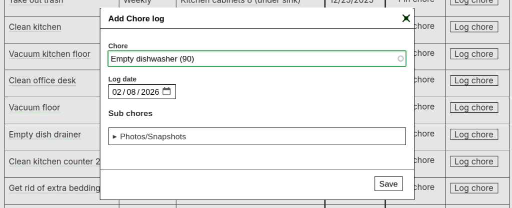 Inventory log chore dialog