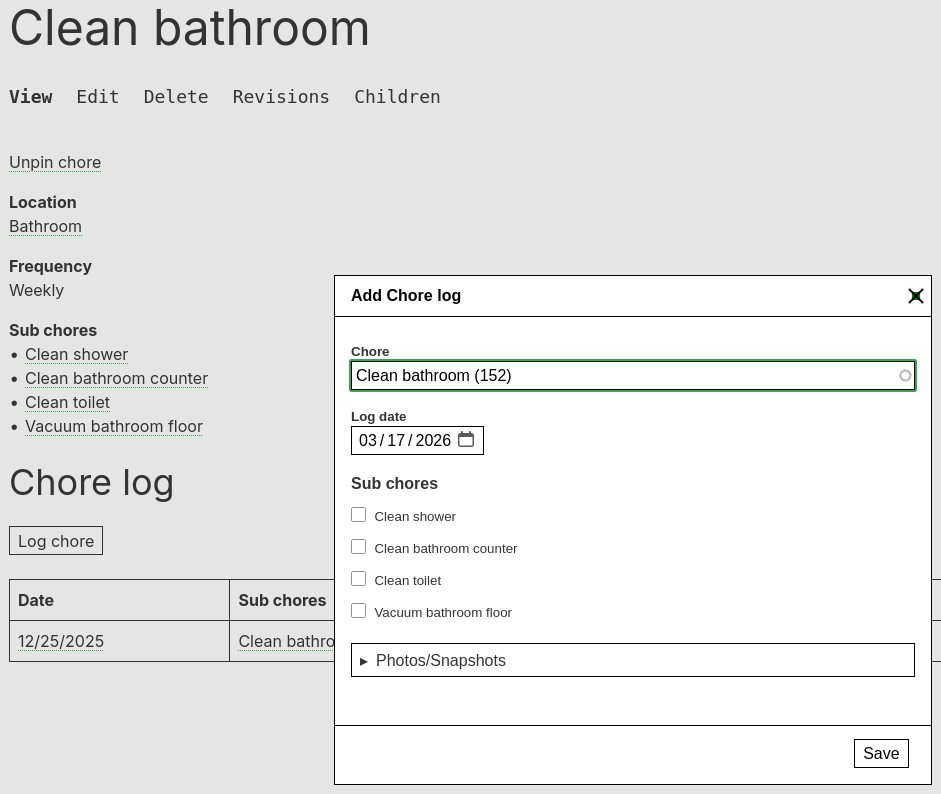 Chore log dialog with subchores