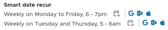 Smart date with two recurring date values has multiple rows of add to calendar buttons