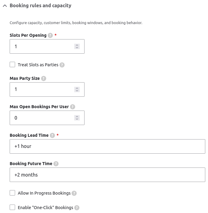 Bookable Calendar booking settings
