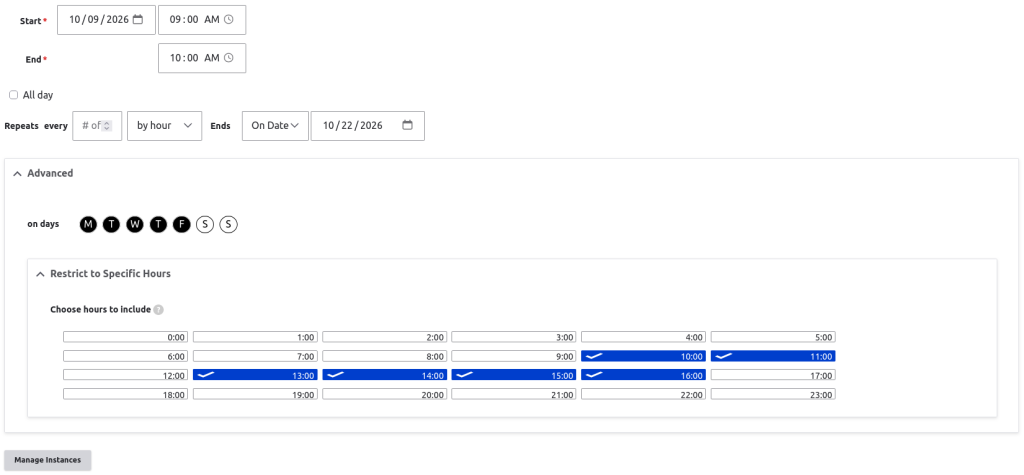 Bookable calendar recurring dates field