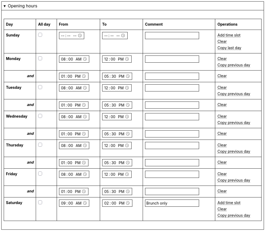 Office hours configuration form